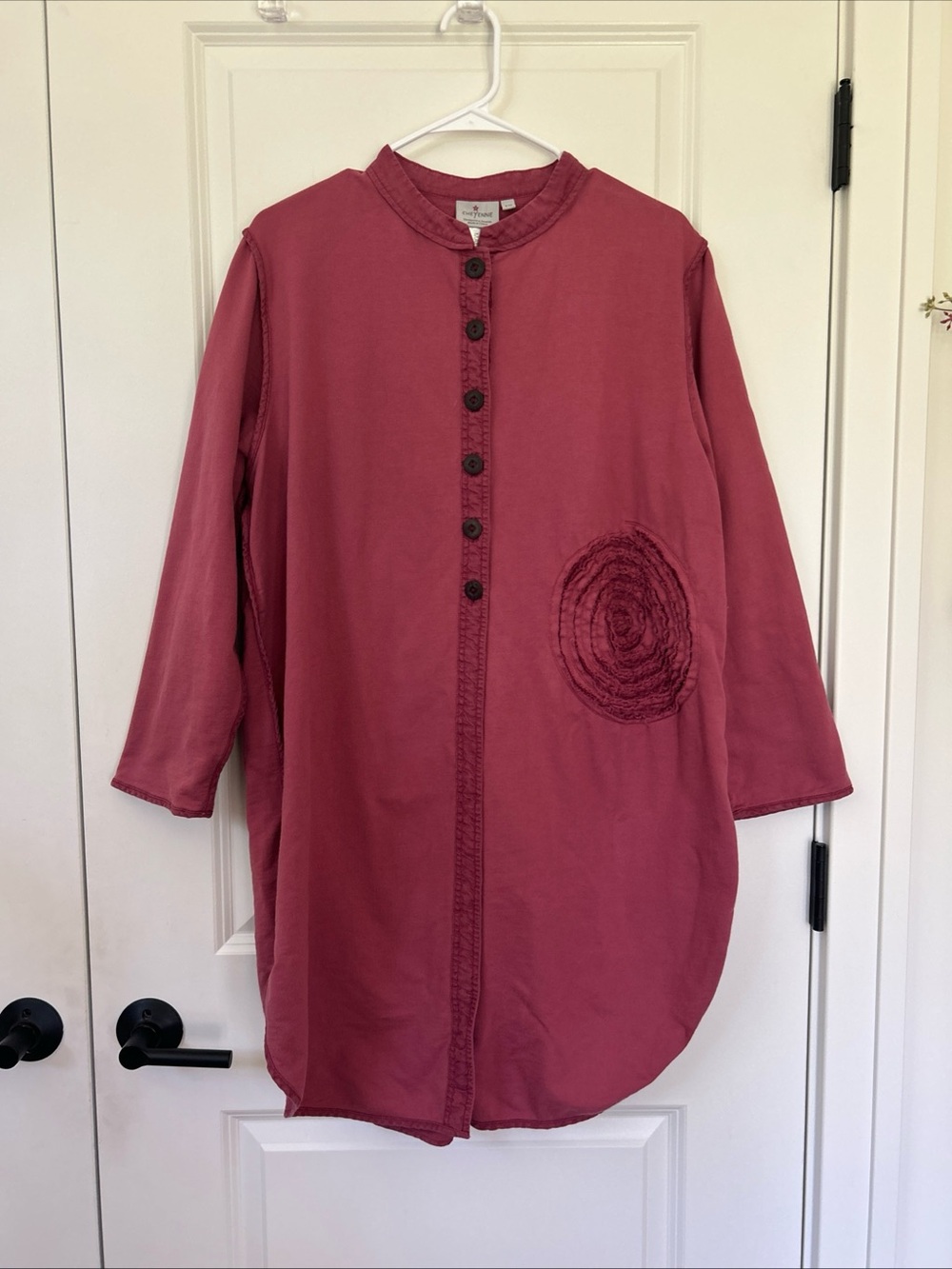CHEYENNE Art to Wear S/M Linen Trim Swirl Long Stand Collar Jacket Back Pocket